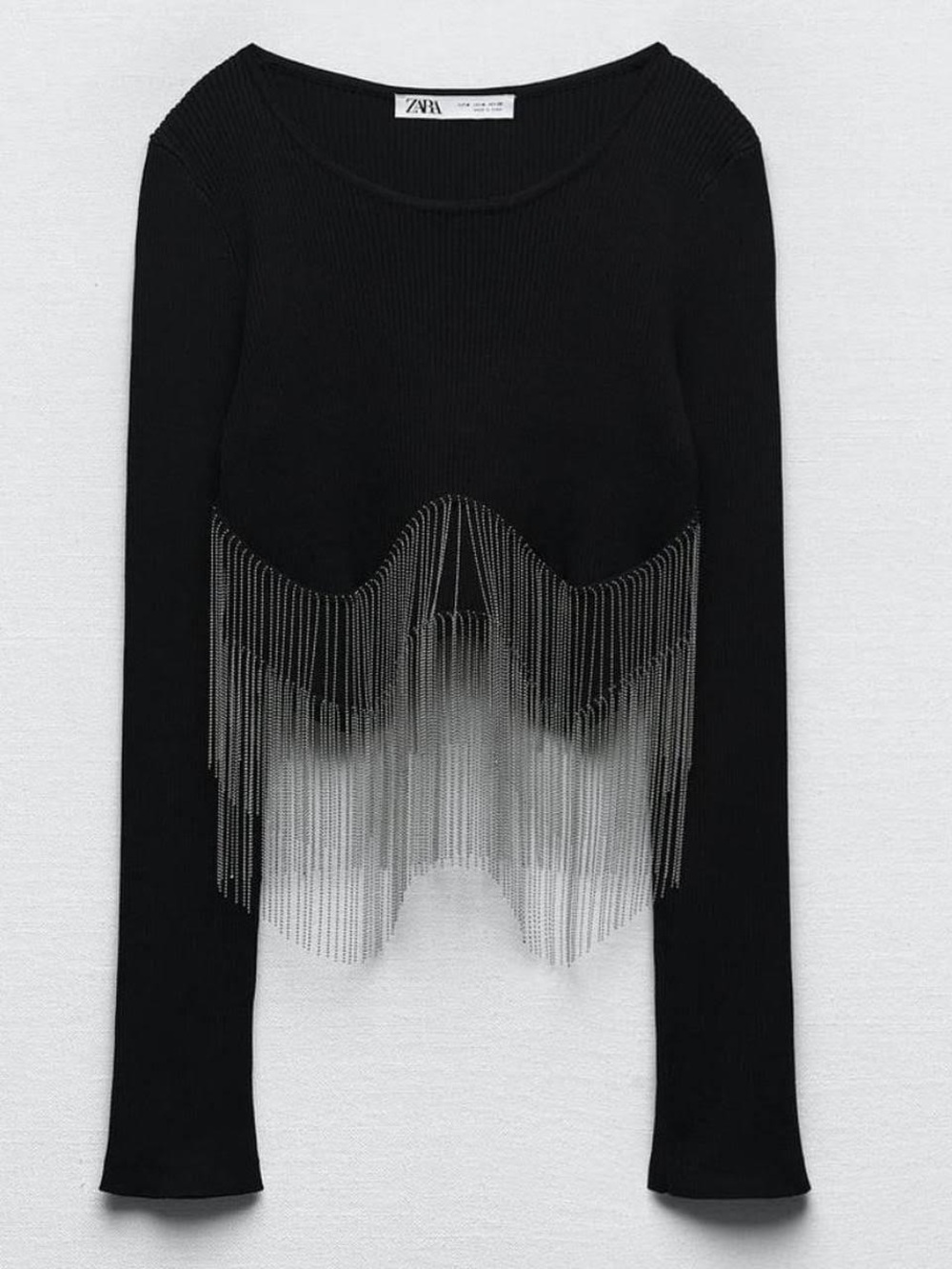 Zara Black Long-Sleeve Top with Silver Chain Fringe